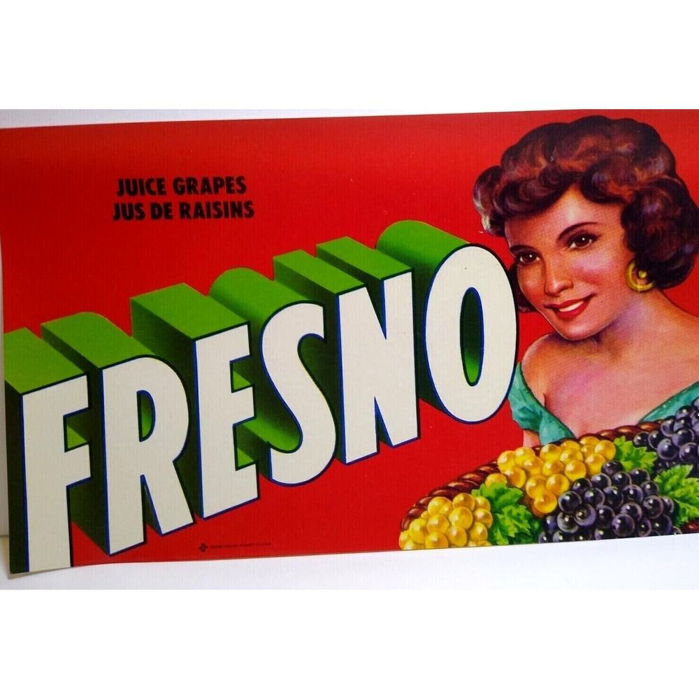 Fresno Bella Crate Label Lady With Basket Of Juice Grapes 1960s Vintage Original